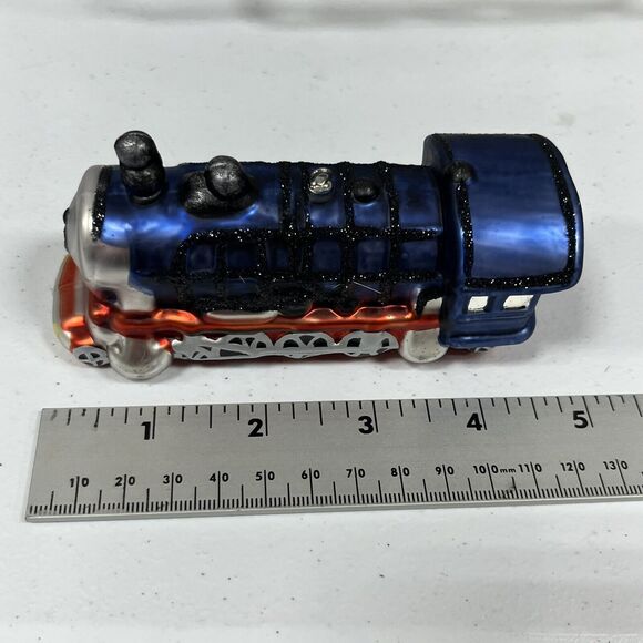 Antique Hand Blown Glass Christmas Ornament Green Blue Train Locomotive NICE! - Picture 3 of 6